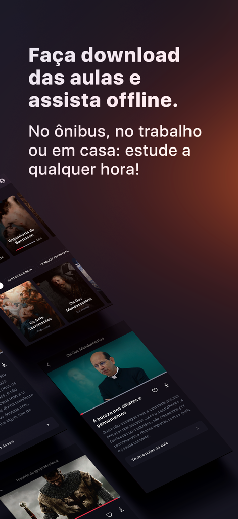 Padre Paulo Ricardo - Interfaz de la aplicación del Padre Paulo Ricardo que muestra cursos en video disponibles para descargar sin conexión.