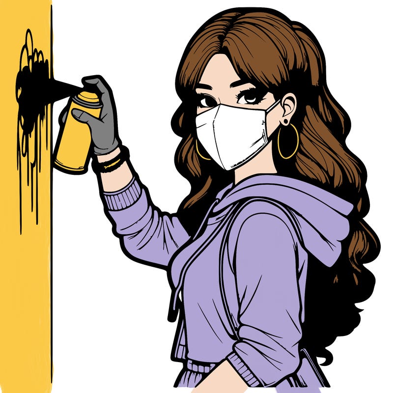 realistic girl with mask spray painting a wall