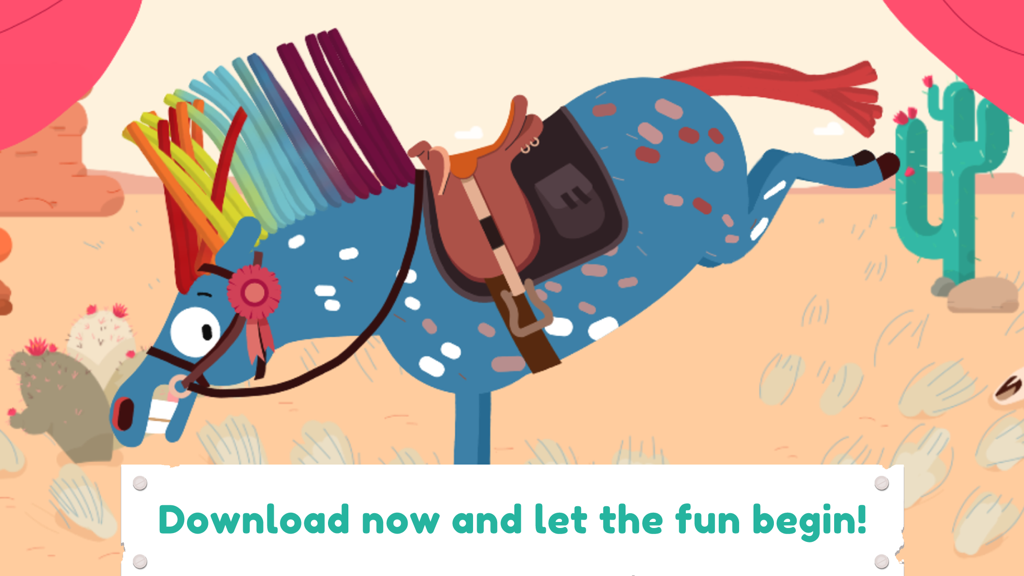 Ein blaues Pony mit einer Regenbogenmähne und Sattel in einer Wüstenszene aus der Pony Style Box App.