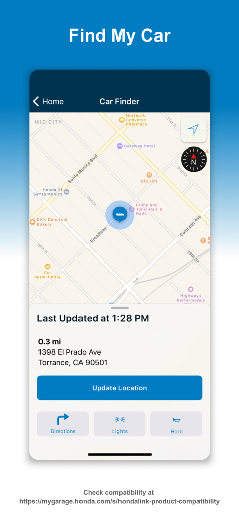 HondaLink app interface showing the Car Finder feature with a map displaying the vehicle location in Torrance California