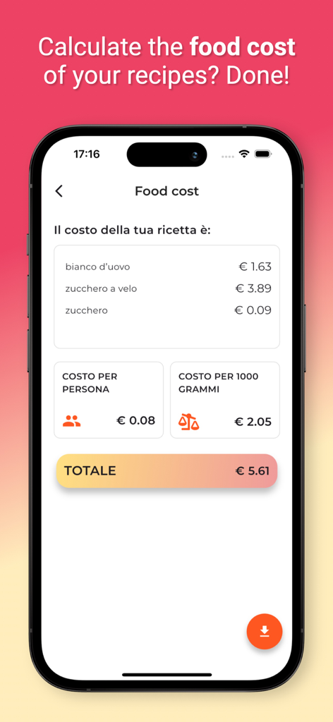 Pocket Chef - Recipes keeper - Pocket Chef app food cost calculator screen displaying ingredient prices and total recipe cost