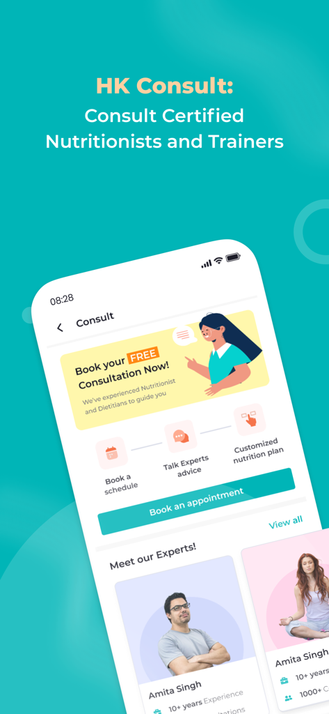 HealthKart mobile app HK Consult feature for booking expert nutritionist advice and customized nutrition plans.