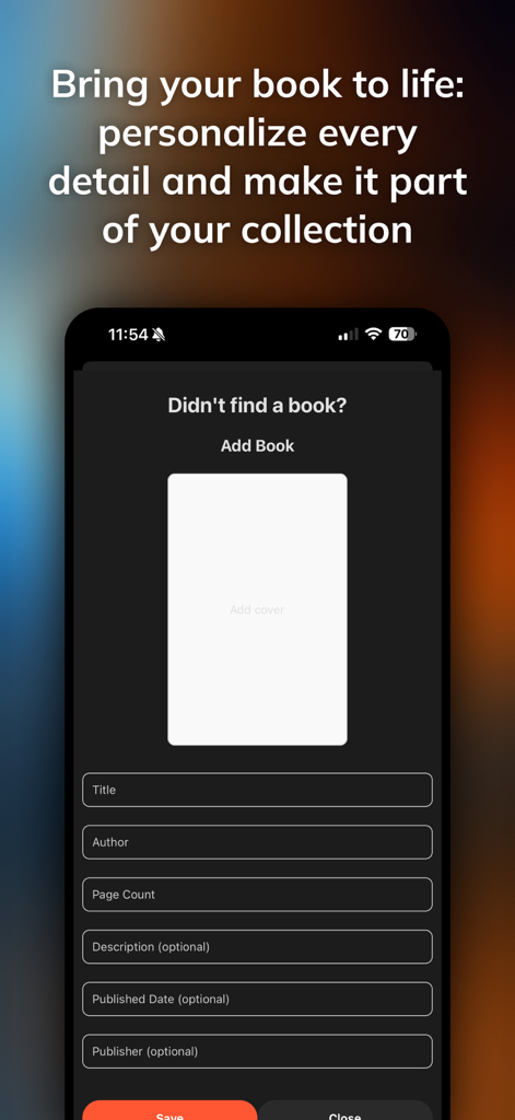 Readfolio: Book Tracker - The Add Book screen in the Readfolio app allowing users to manually enter book information and upload a custom cover.