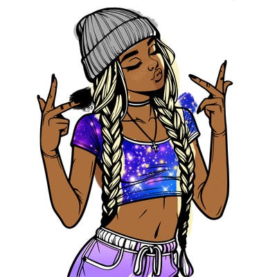 realistic teenage girl with braids and a beanie and crop top doing 🫶🏼
