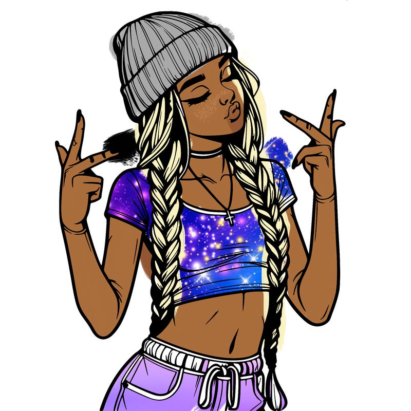 realistic teenage girl with braids and a beanie and crop top doing 🫶🏼