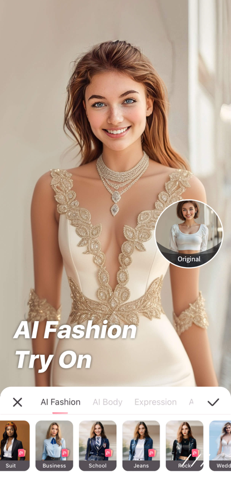 AI Fashion Try On feature showing a woman virtually changing into a formal dress in the Perfect Me app.