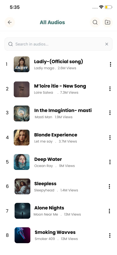 A list of music tracks with cover art and view counts in the Tubidy FM app audio library.