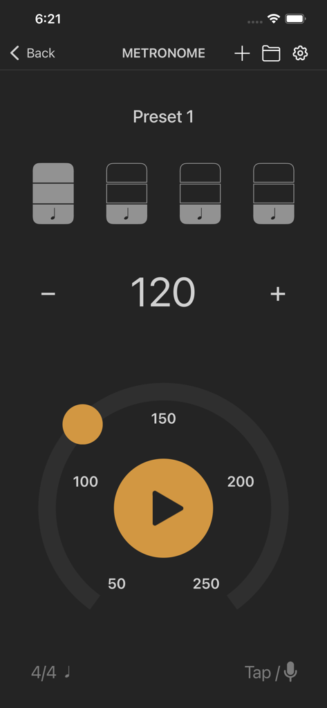 Interfaccia metronomo dell'app PLAYBACK con impostazione di tempo 120 BPM e pulsante di riproduzione