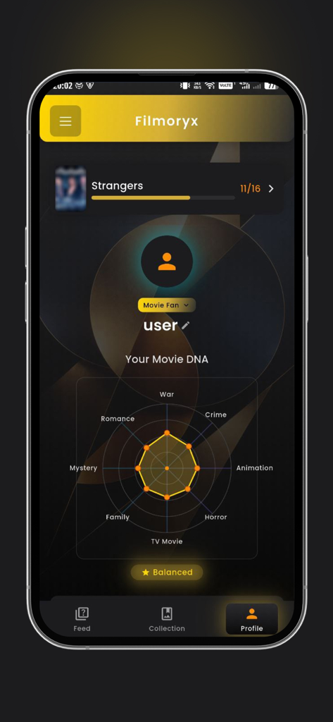Flickory - A profile screen from the Flickory app displaying a Movie DNA radar chart that visualizes a user's movie genre preferences.