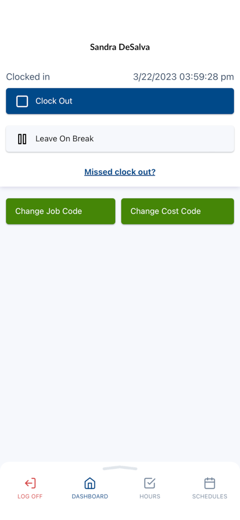 TCP MobileKiosk - TCP MobileKiosk app interface showing clock out and leave on break options for an employee