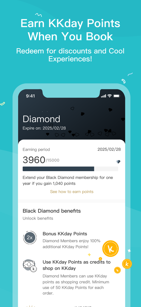 KKday app screen showing Diamond membership tier and earned loyalty points for travel discounts.