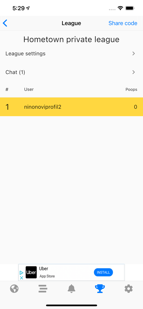 Poop Map - Pin and Track - Una captura de pantalla de la aplicación Poop Map que muestra una tabla de clasificación de liga privada de la ciudad natal con clasificaciones de usuarios