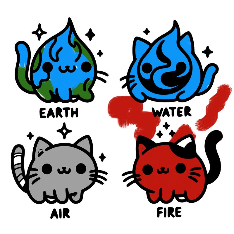4 cats that represent the different elements, earth, water, air, and fire