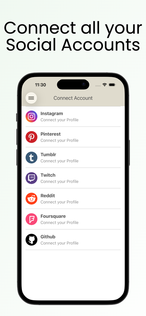 Una interfaz móvil para Followers Pro que muestra una lista de plataformas de redes sociales, incluidas Instagram, Pinterest y Twitch, para un seguimiento analítico centralizado.