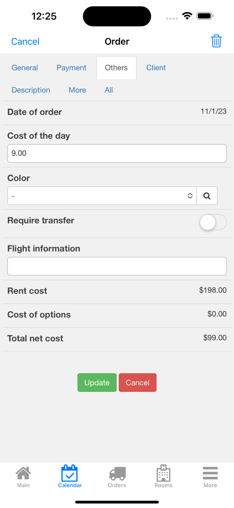 Nano Hotel Booking - The Nano Hotel Booking app order management screen showing rental costs and additional service options.
