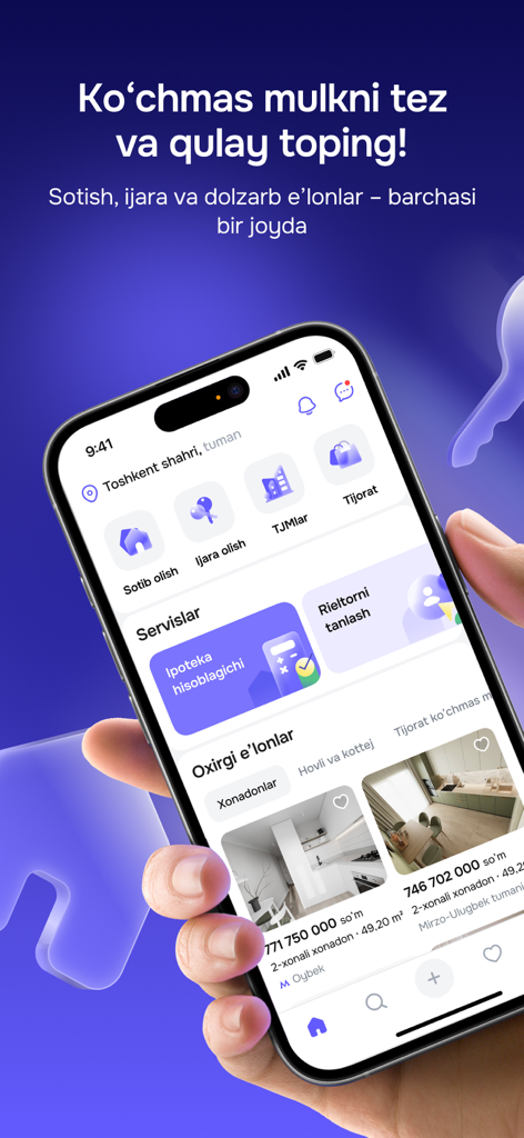 Urbo mobile app home screen showing property listings and real estate services in Uzbekistan