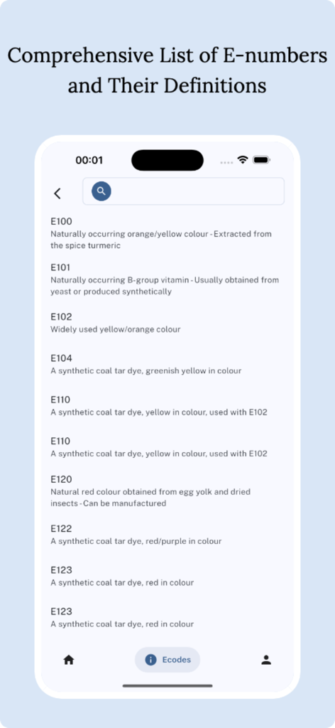 A mobile app interface displaying a comprehensive list of E-numbers and their food additive definitions.