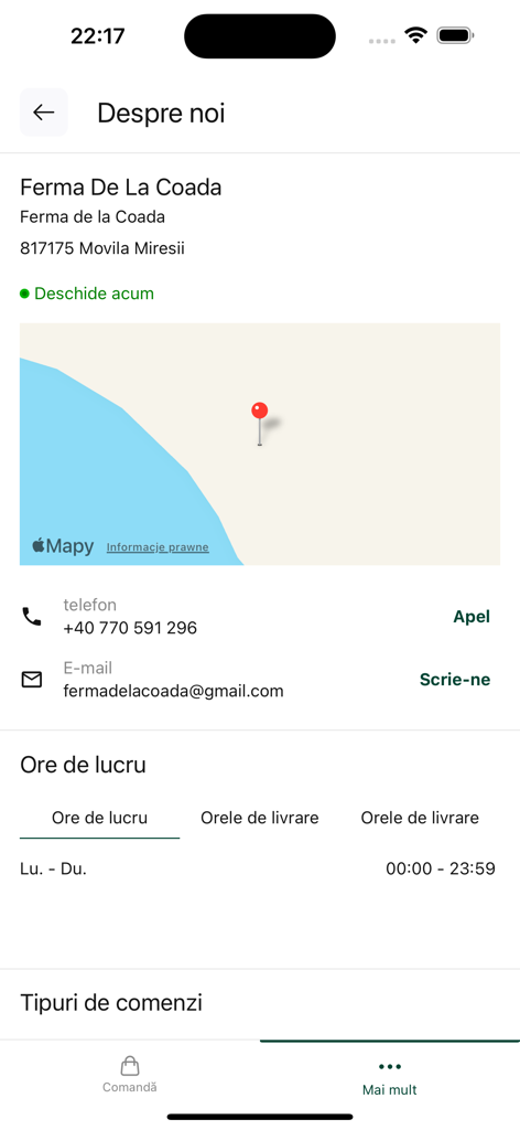 Ferma de la Coada - About us screen of the Ferma de la Coada app showing location map and contact information