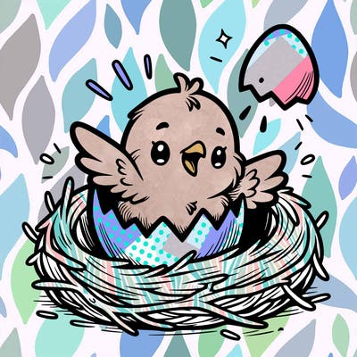 a baby chick hatching from an egg in a nest