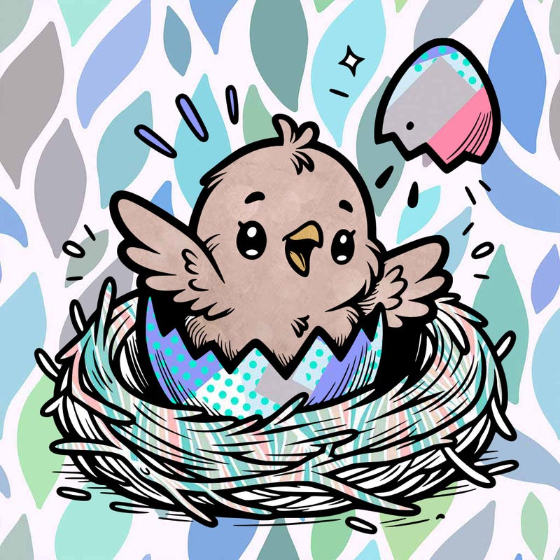 a baby chick hatching from an egg in a nest