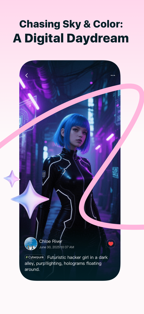 Pixura - Chica hacker cyberpunk generada por IA con cabello azul en un callejón morado oscuro mostrada en la aplicación móvil Pixura