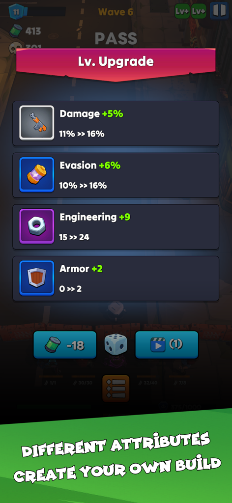 Idle Zombie Wave: Survival TD - Upgrade screen in Idle Zombie Wave showing various survivor attribute options like damage and armor