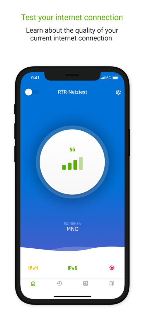 RTR-Netztest - RTR-Netztest mobile app interface showing 5G network signal strength and connection details