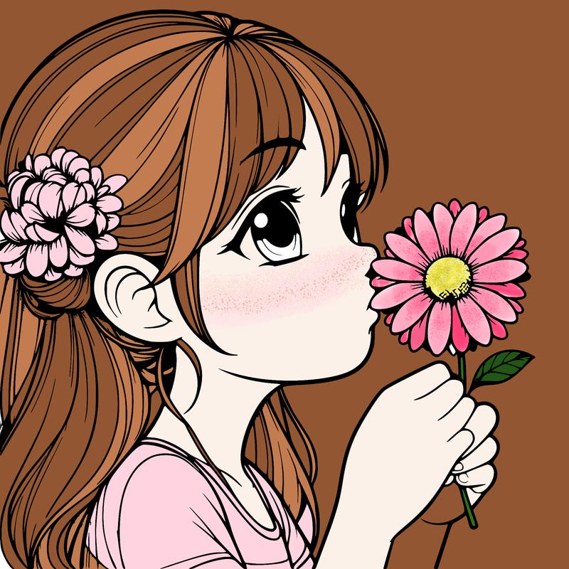 realistic girl smelling beautiful flower