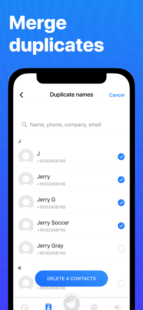 중복 연락처 제거 및 병합 기능을 보여주는 Clean Storage 앱의 스마트폰 인터페이스
