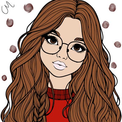 girl with long hair and freckles and glasses realistic