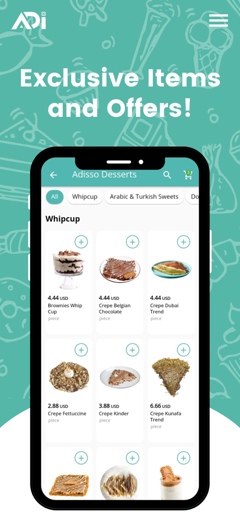 ADI Lebanon - La aplicación ADI Líbano mostrando un menú de postres y crepes premium para pedidos en línea.