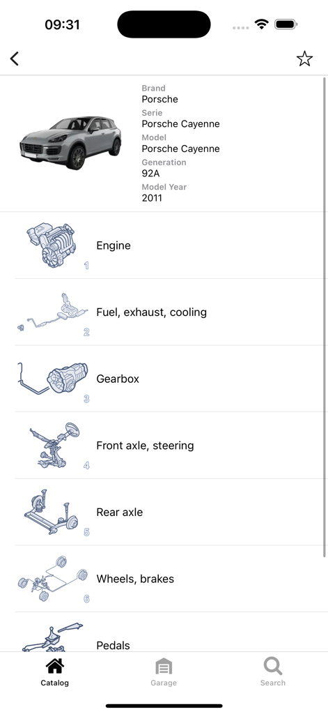 Car parts for Porsche diagrams - Technical part categories for a Porsche Cayenne including engine and gearbox diagrams
