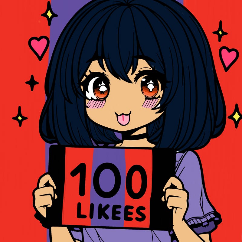 anima girl holding a 100 likes sign in her hand