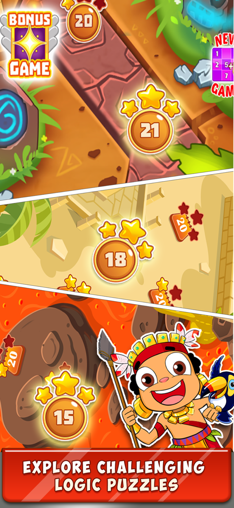 Un mapa vibrante de niveles de la aplicación Mahjong Quest que presenta desafiantes puzzles lógicos en diferentes tierras de fantasía