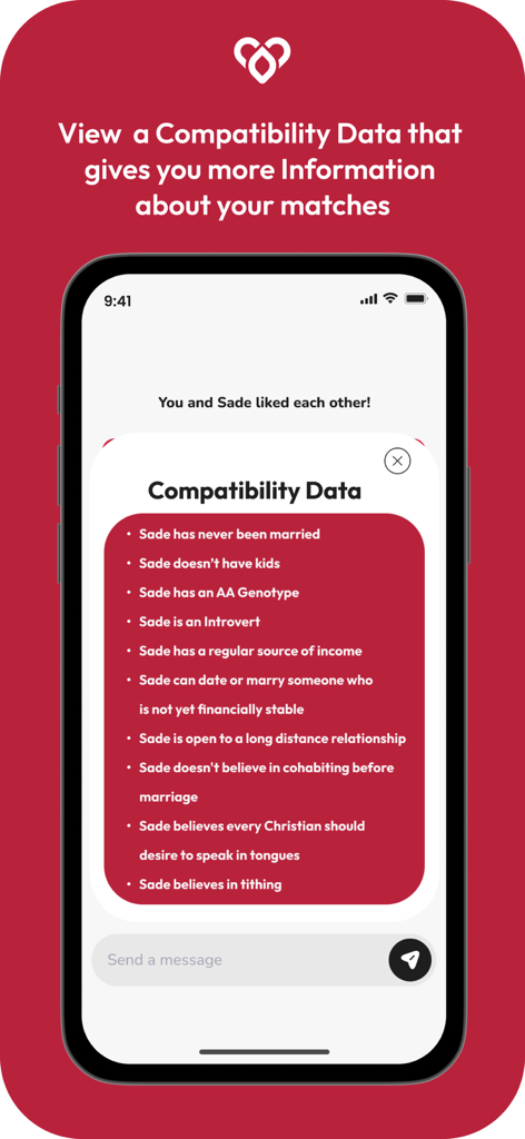 Mobile screenshot of the Nexus app compatibility data screen showing match details and Christian beliefs