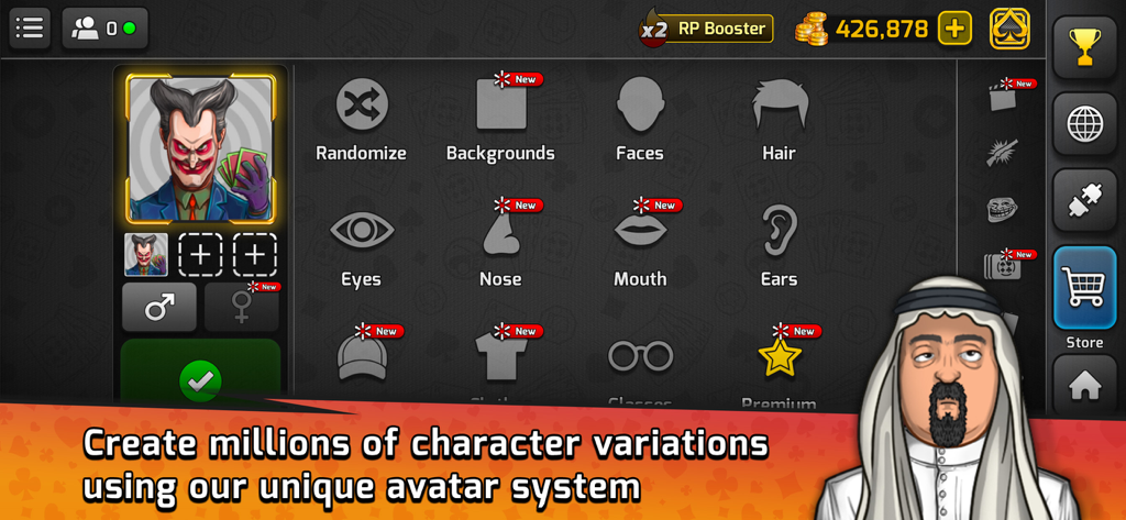 Pocket Tarneeb - Avatar customization menu in Pocket Tarneeb showing character creation features