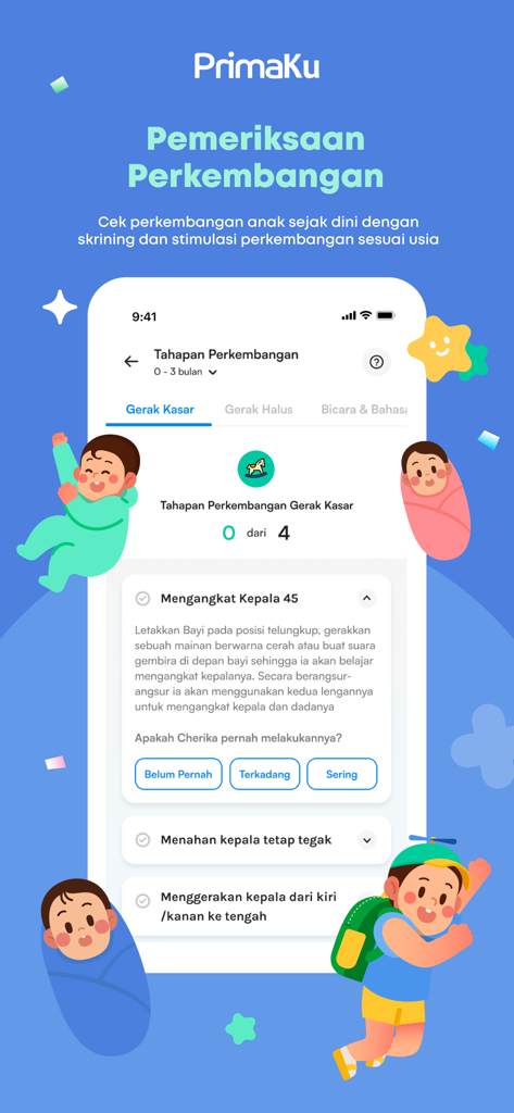 PrimaKu mobile app interface showing developmental milestones screening for babies