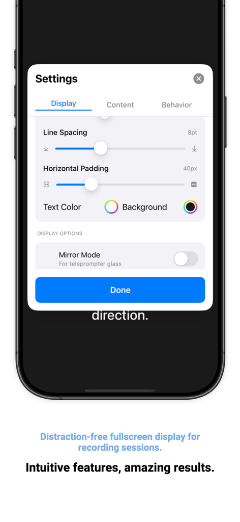 Teleprompter & Script Reader - Interface showing display settings for the Teleprompter and Script Reader app including line spacing and mirror mode options.
