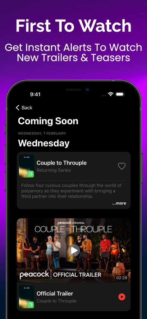 Originals for Peacock TV - Interfaz de la aplicación móvil que muestra avances y alertas de próximos programas originales de Peacock TV