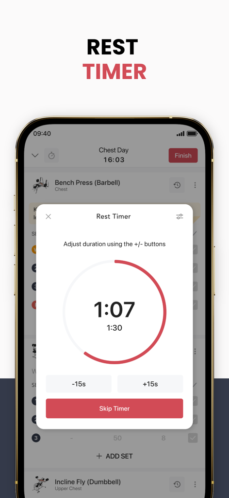 GymNotes: Gym Exercise Notes - Pantalla del temporizador de descanso de la aplicación GymNotes que muestra una cuenta regresiva de 1:30 minutos durante una sesión de entrenamiento de día de pecho