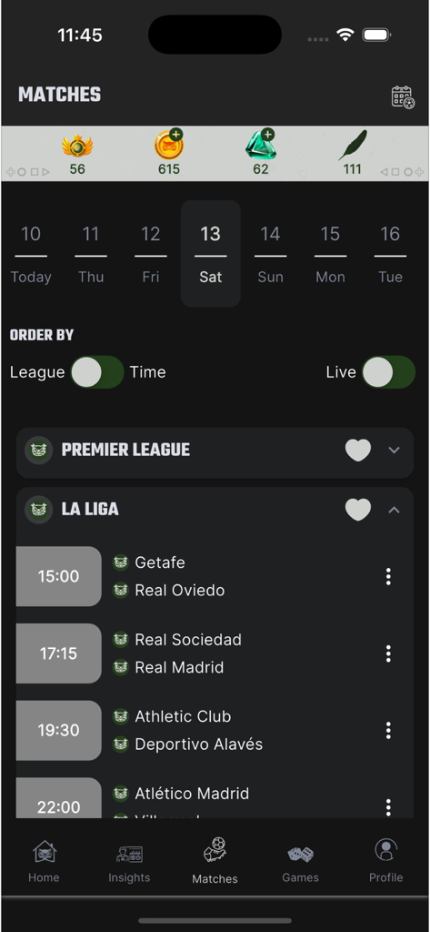 BallWhizz - BallWhizz app display of upcoming soccer matches with league filters and game times