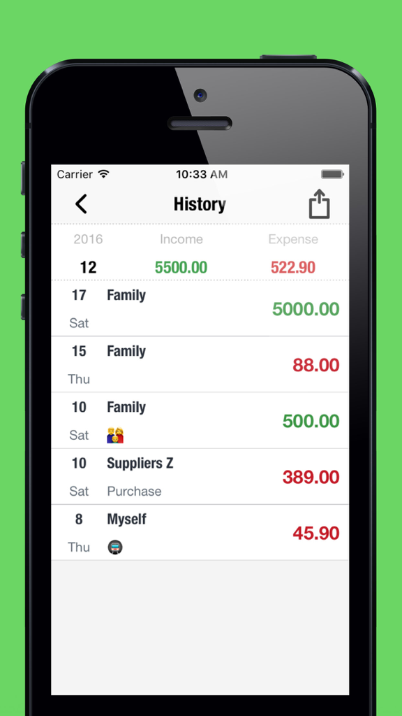 Mobile application interface displaying a detailed history of income and expenses