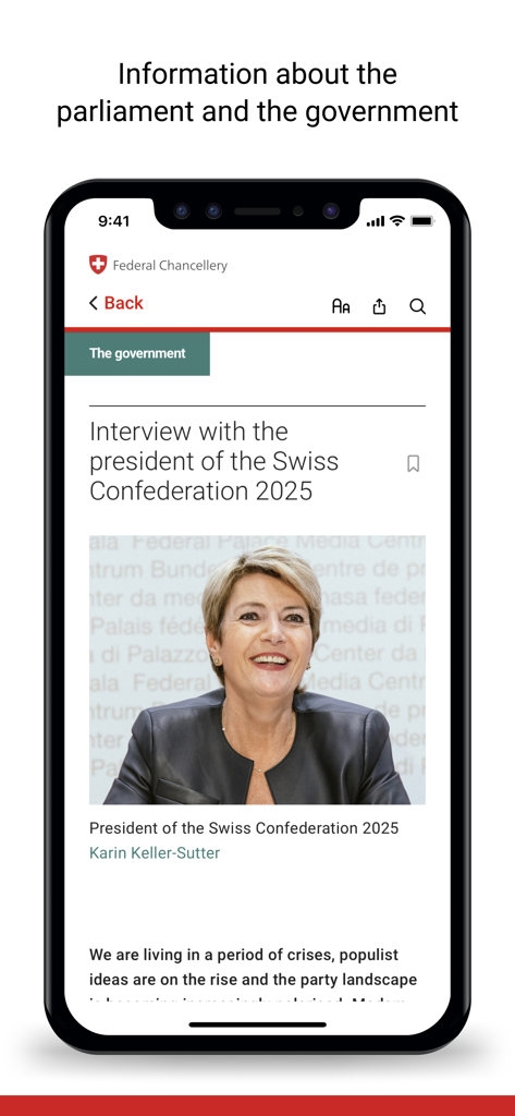 CH info - Capture d'écran de l'application CH info montrant une interview avec la présidente de la Confédération suisse Karin Keller-Sutter.