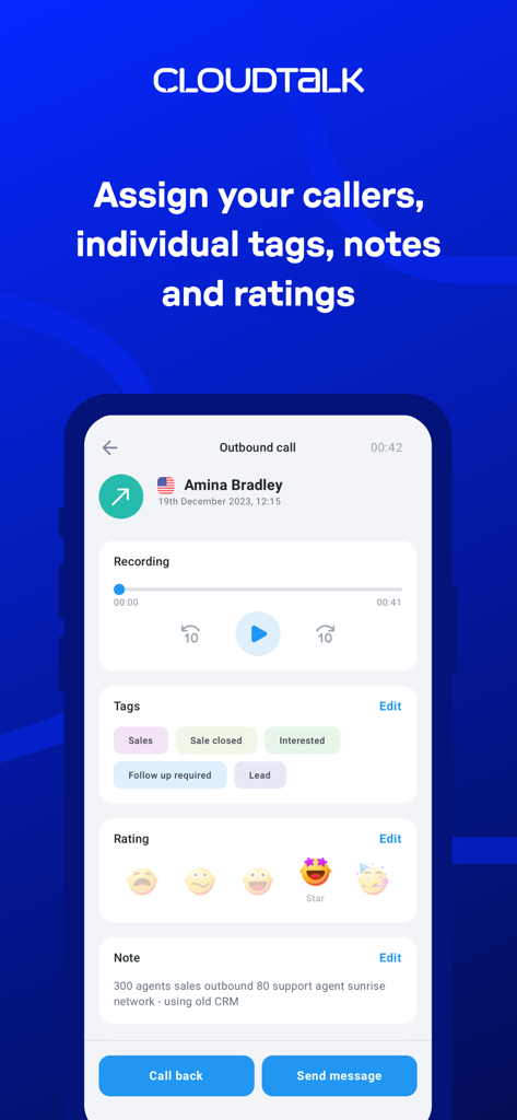 Interface for tagging and rating business calls in the CloudTalk Go app