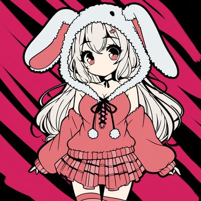 pretty anime girl wearing a fluffy hoodie with bunny ears on the hood and a skirt