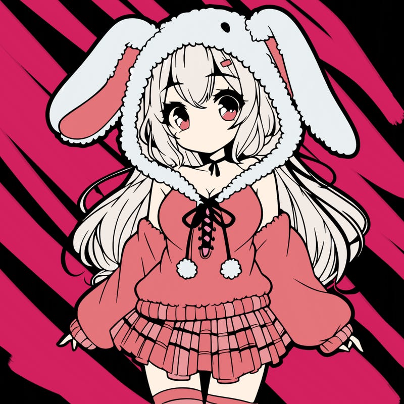 pretty anime girl wearing a fluffy hoodie with bunny ears on the hood and a skirt