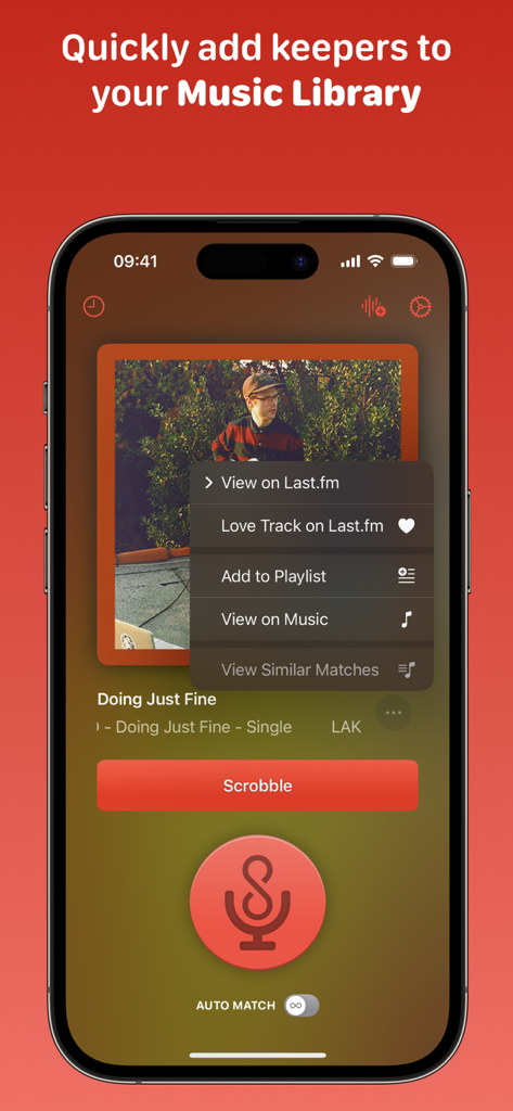 Interfaz de la app AirScrobble mostrando un menú con opciones para registrar una canción o añadirla a una lista de reproducción de música