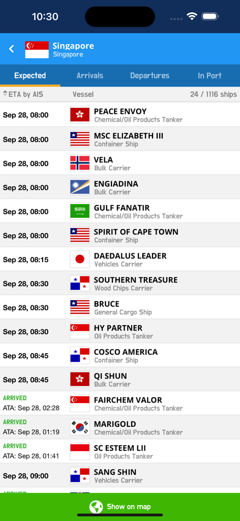 VesselFinder Pro - VesselFinder Pro interface showing a list of expected ship arrivals at Singapore port with vessel names and estimated times of arrival.