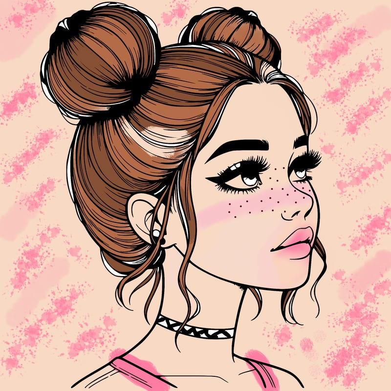 realistic girl with buns on the top of her head