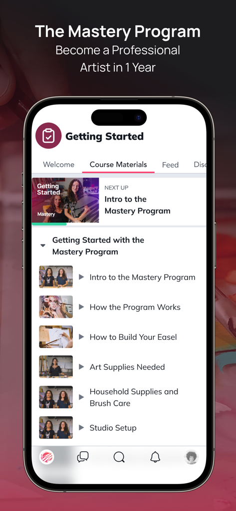Milan Art - Interface of the Milan Art app showing the Mastery Program course materials and getting started video lessons